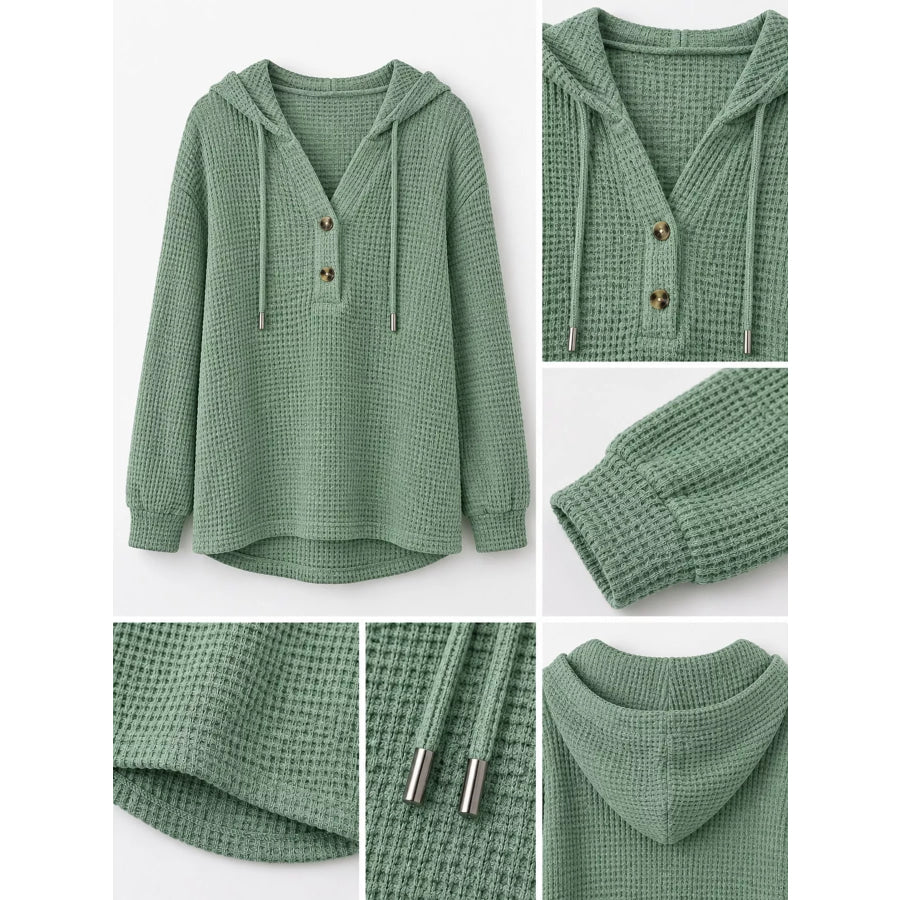 Full Size Waffle Knit Button Detail Hoodie Plus Apparel and Accessories