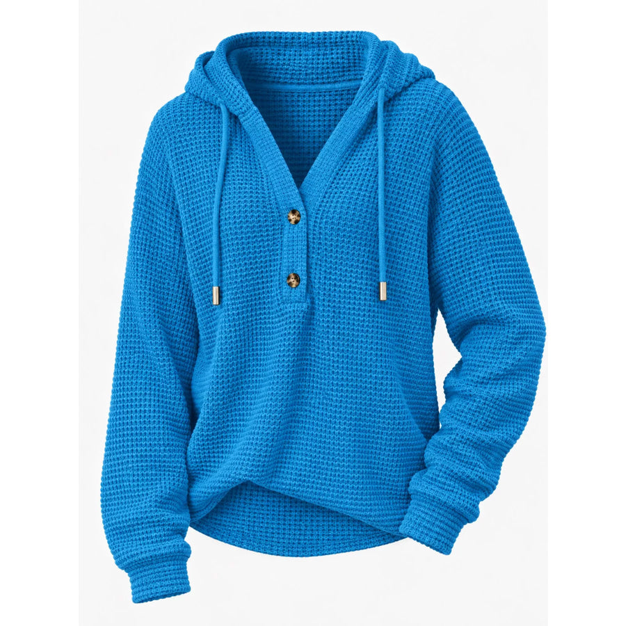 Full Size Waffle Knit Button Detail Hoodie Plus Apparel and Accessories