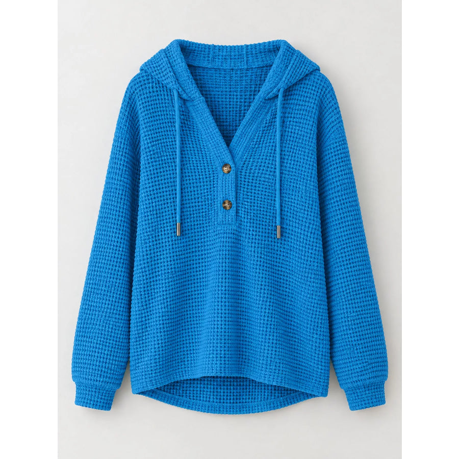 Full Size Waffle Knit Button Detail Hoodie Plus Apparel and Accessories