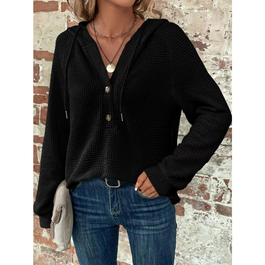 Full Size Waffle Knit Button Detail Hoodie Plus Apparel and Accessories