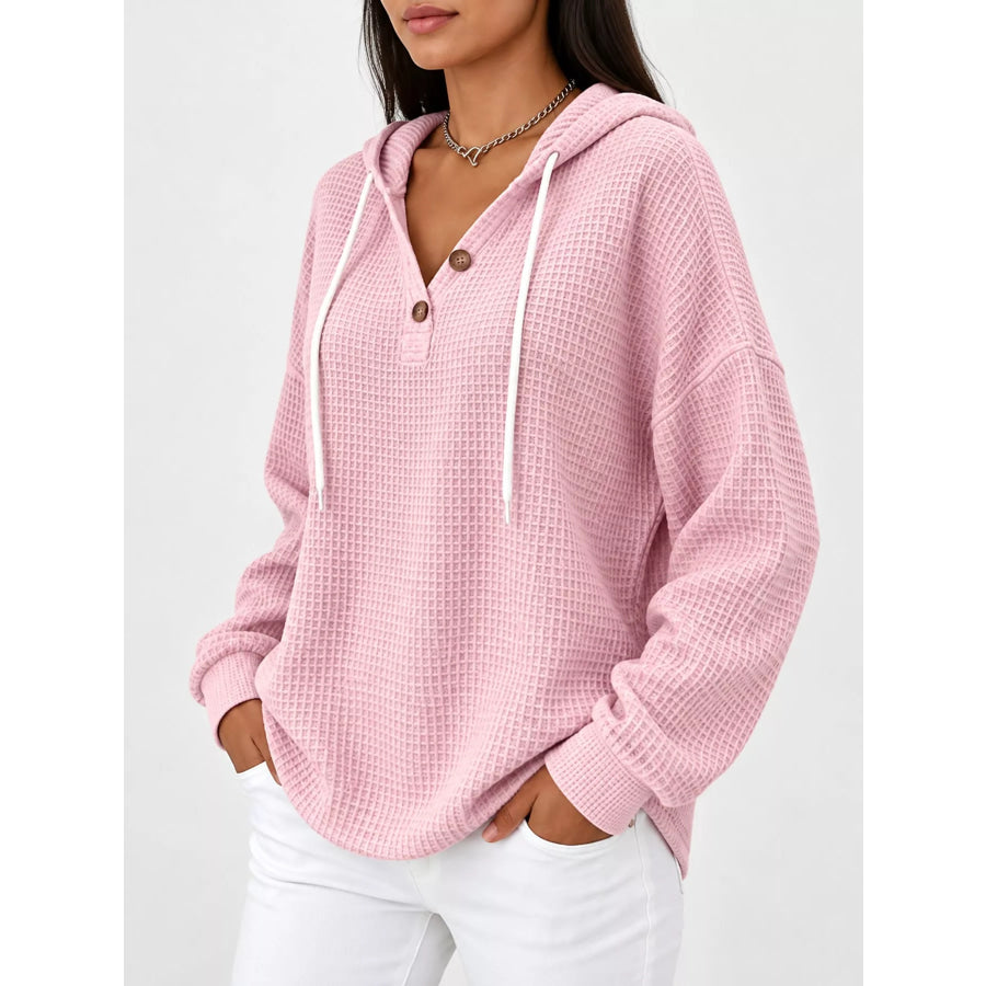 Full Size Waffle Knit Button Detail Hoodie Plus Apparel and Accessories