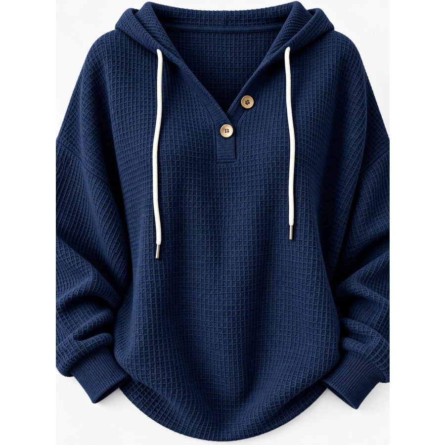 Full Size Waffle Knit Button Detail Hoodie Plus Apparel and Accessories