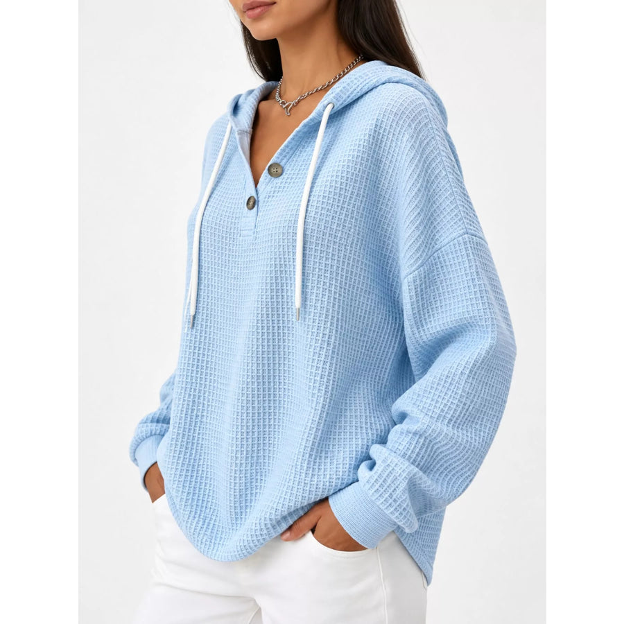 Full Size Waffle Knit Button Detail Hoodie Plus Apparel and Accessories