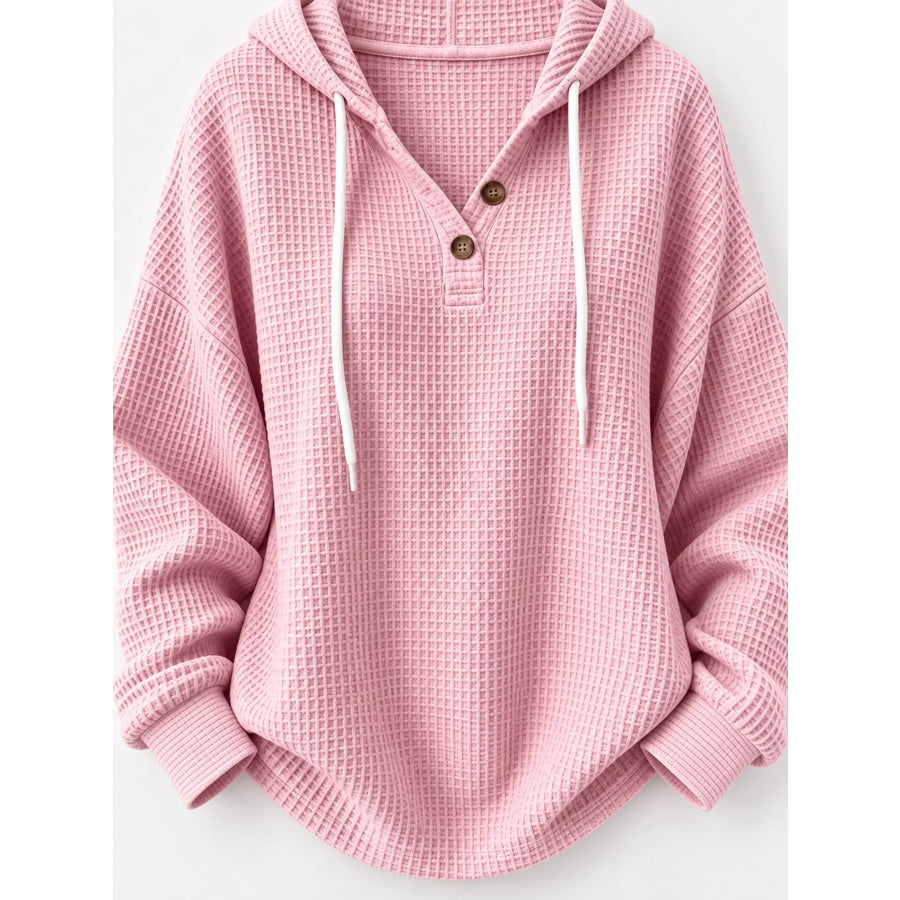 Full Size Waffle Knit Button Detail Hoodie Plus Apparel and Accessories