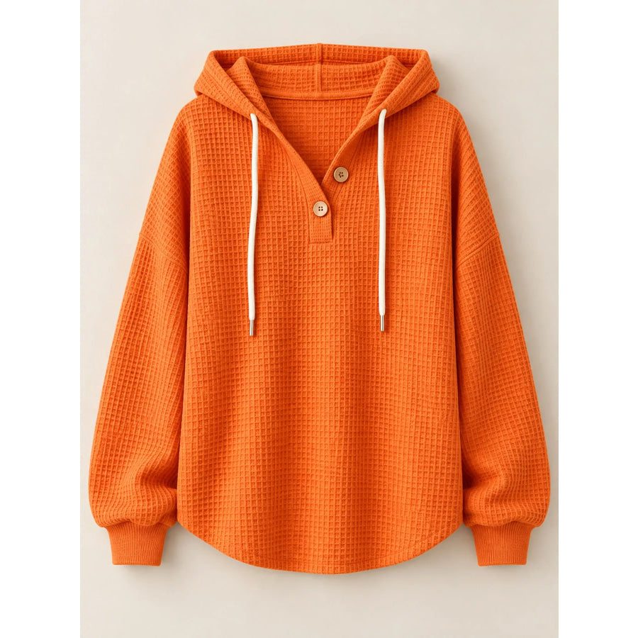 Full Size Waffle Knit Button Detail Hoodie Plus Apparel and Accessories