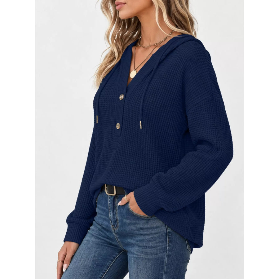 Full Size Waffle Knit Button Detail Hoodie Plus Apparel and Accessories