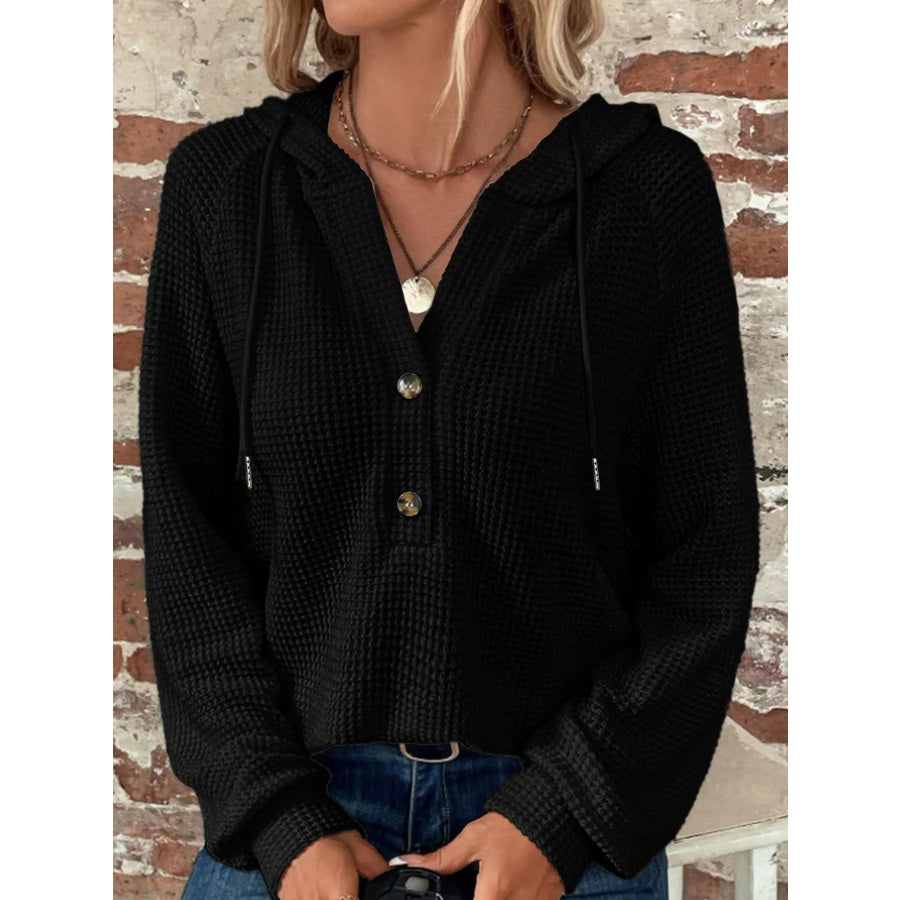 Full Size Waffle Knit Button Detail Hoodie Plus Apparel and Accessories