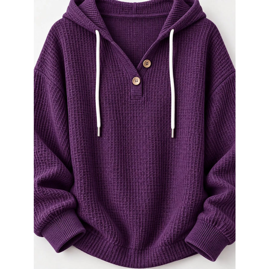 Full Size Waffle Knit Button Detail Hoodie Plus Apparel and Accessories