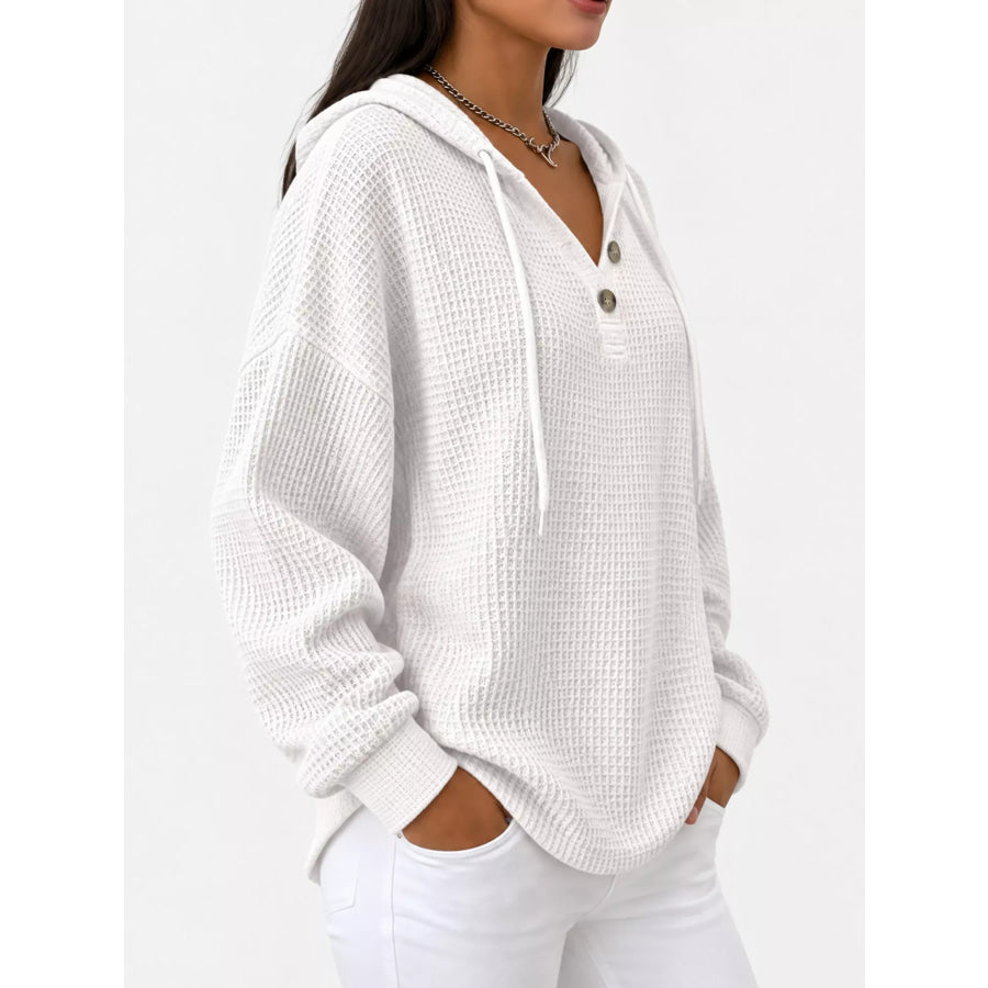 Full Size Waffle Knit Button Detail Hoodie Plus Apparel and Accessories
