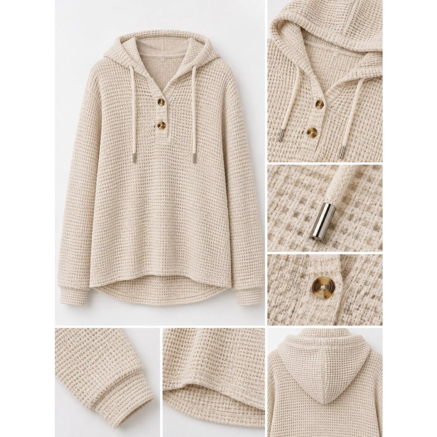 Full Size Waffle Knit Button Detail Hoodie Plus Apparel and Accessories