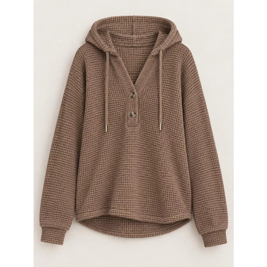 Full Size Waffle Knit Button Detail Hoodie Plus Apparel and Accessories