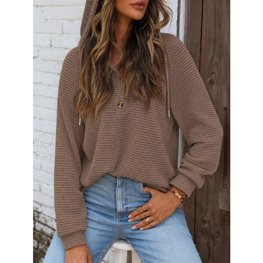 Full Size Waffle Knit Button Detail Hoodie Plus Apparel and Accessories