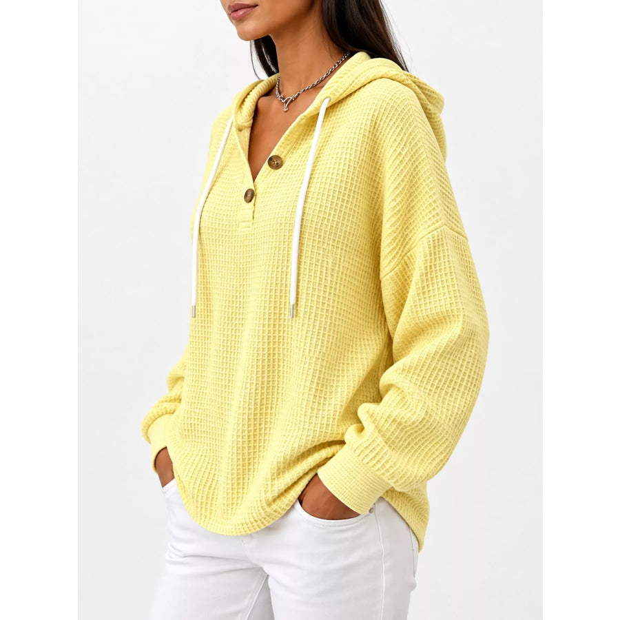 Full Size Waffle Knit Button Detail Hoodie Plus Apparel and Accessories