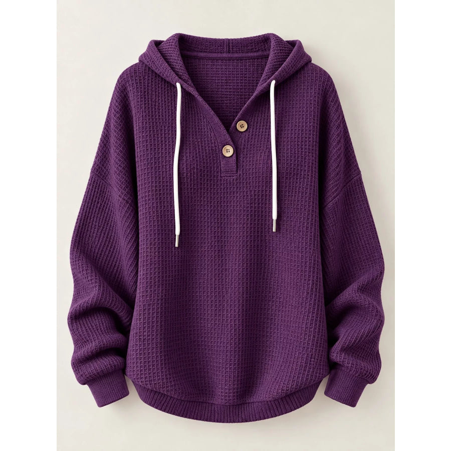 Full Size Waffle Knit Button Detail Hoodie Plus Apparel and Accessories