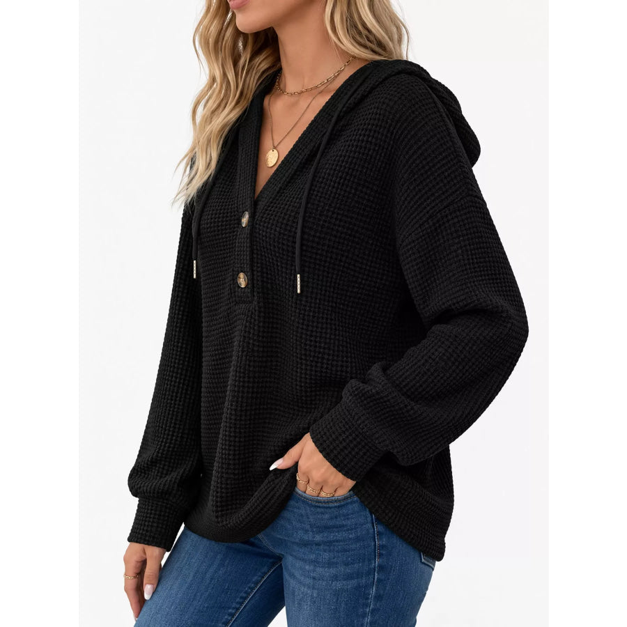 Full Size Waffle Knit Button Detail Hoodie Plus Apparel and Accessories