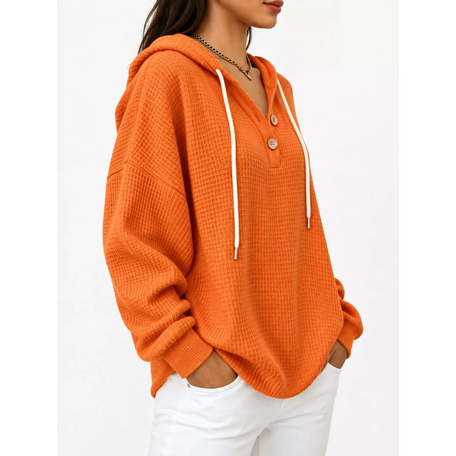 Full Size Waffle Knit Button Detail Hoodie Plus Apparel and Accessories