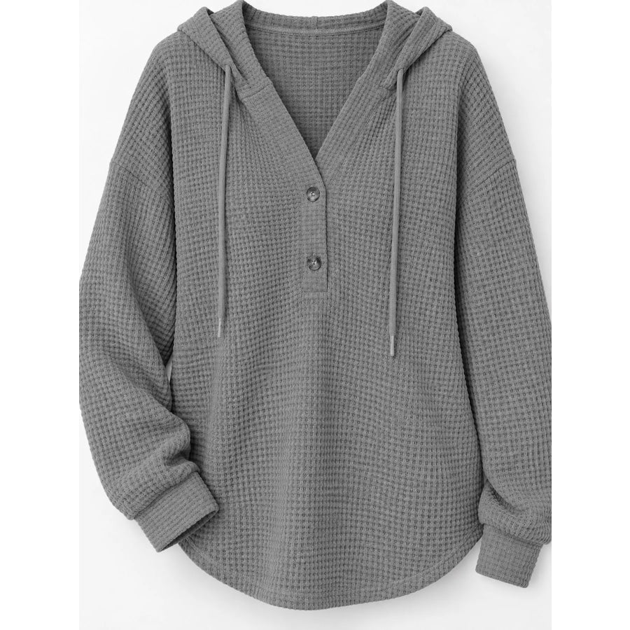 Full Size Waffle Knit Button Detail Hoodie Plus Apparel and Accessories