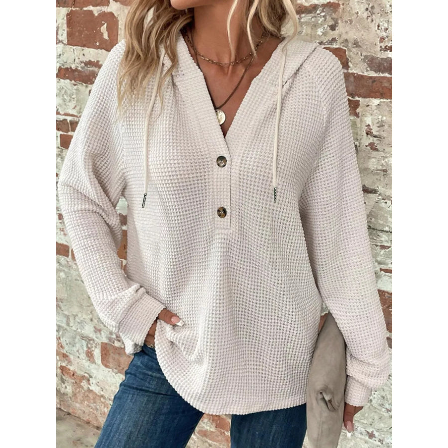 Full Size Waffle Knit Button Detail Hoodie Plus Apparel and Accessories