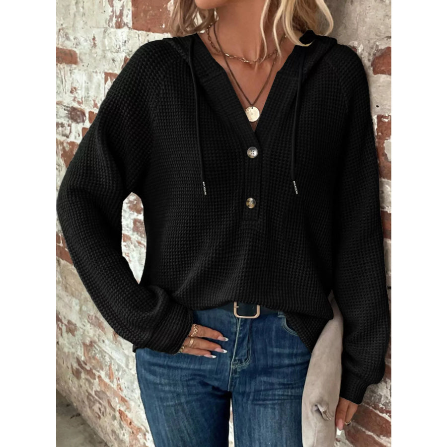 Full Size Waffle Knit Button Detail Hoodie Plus Apparel and Accessories