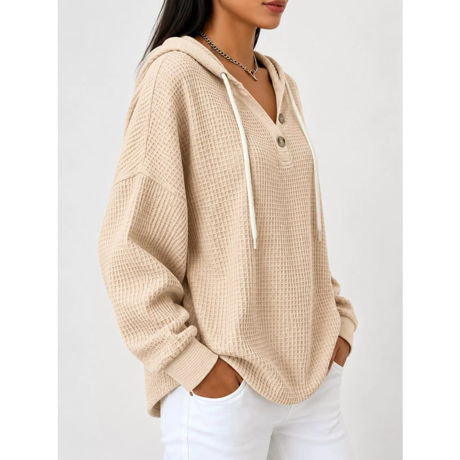 Full Size Waffle Knit Button Detail Hoodie Plus Apparel and Accessories