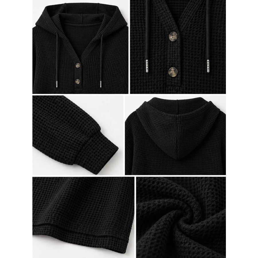 Full Size Waffle Knit Button Detail Hoodie Plus Apparel and Accessories
