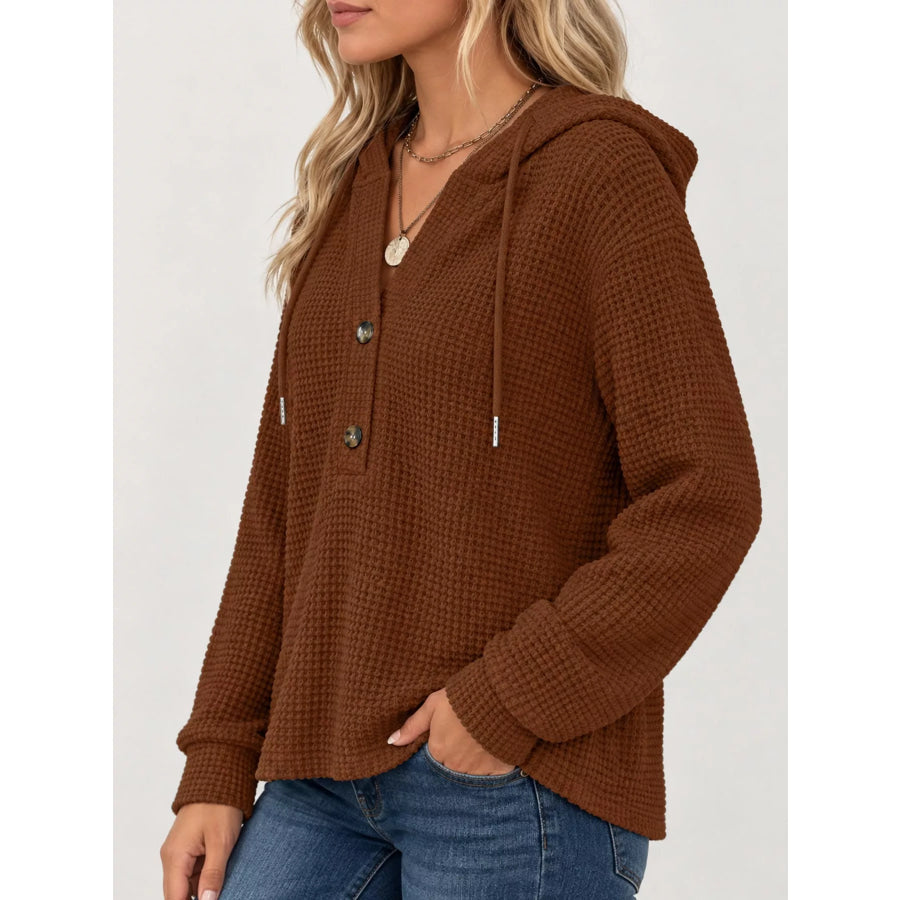 Full Size Waffle Knit Button Detail Hoodie Plus Apparel and Accessories