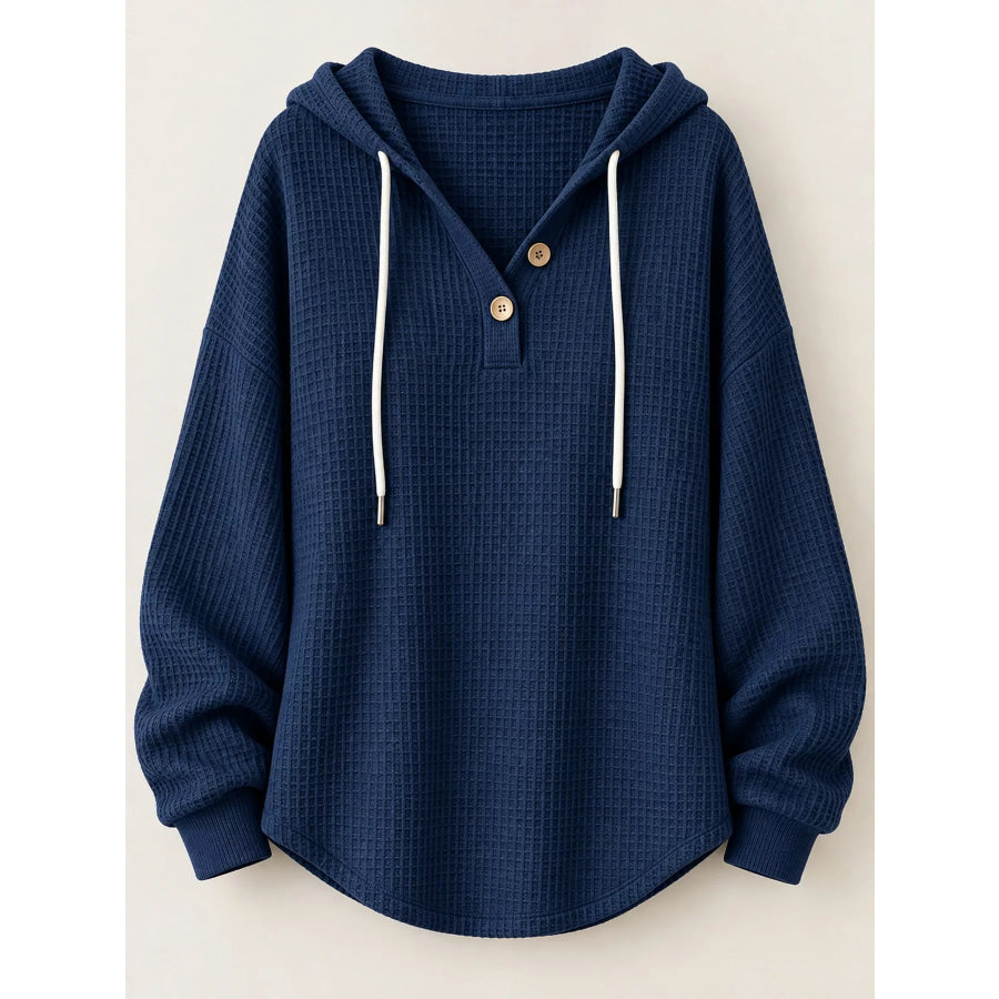 Full Size Waffle Knit Button Detail Hoodie Plus Apparel and Accessories