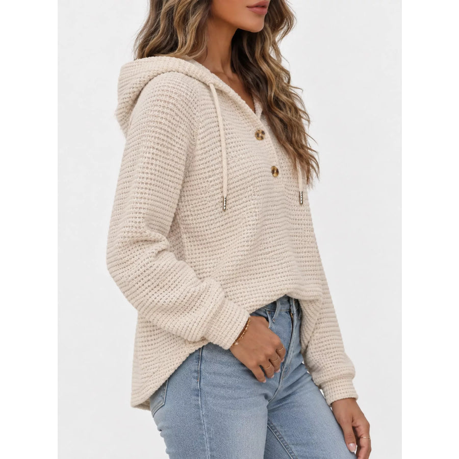 Full Size Waffle Knit Button Detail Hoodie Plus Apparel and Accessories