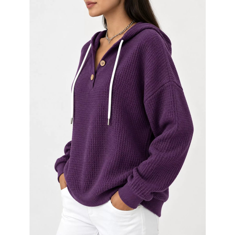 Full Size Waffle Knit Button Detail Hoodie Plus Apparel and Accessories