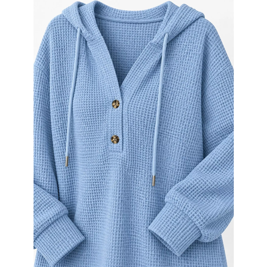 Full Size Waffle Knit Button Detail Hoodie Plus Apparel and Accessories