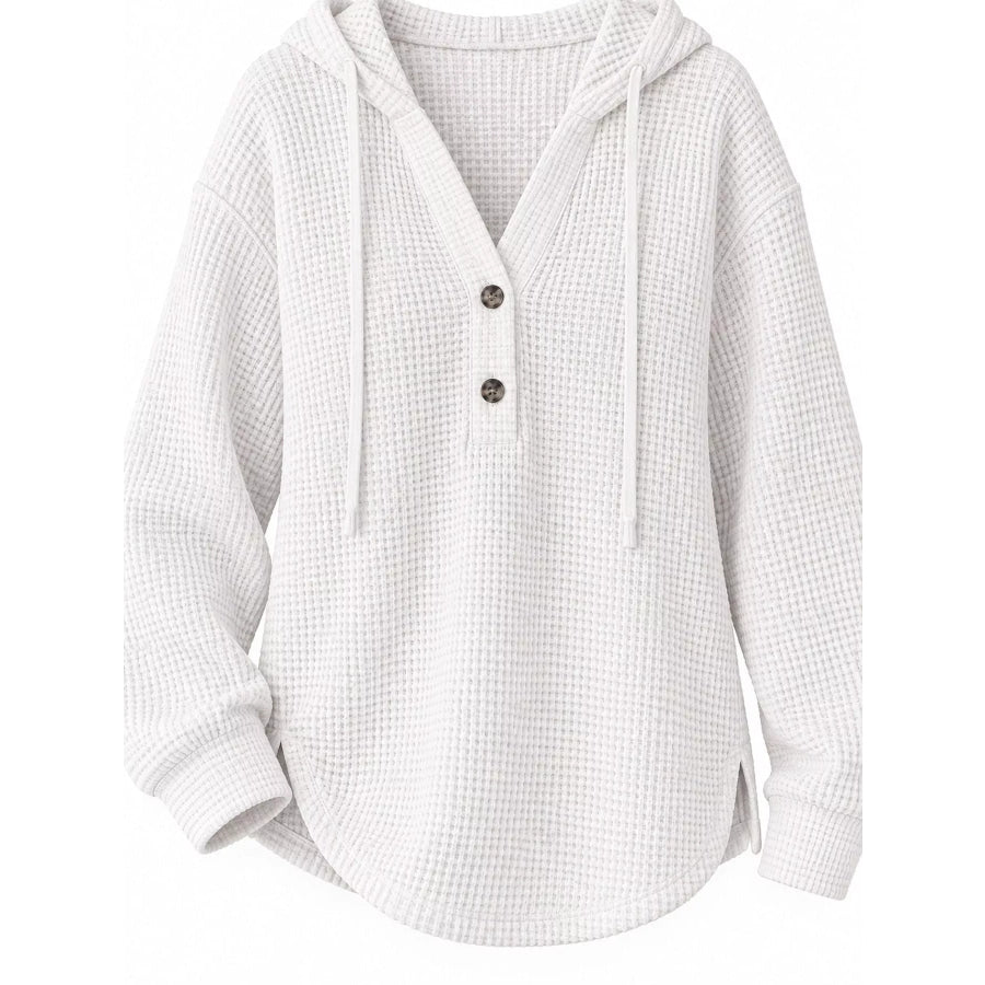 Full Size Waffle Knit Button Detail Hoodie Plus Apparel and Accessories