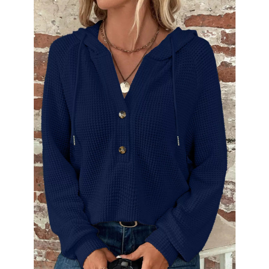 Full Size Waffle Knit Button Detail Hoodie Plus Apparel and Accessories