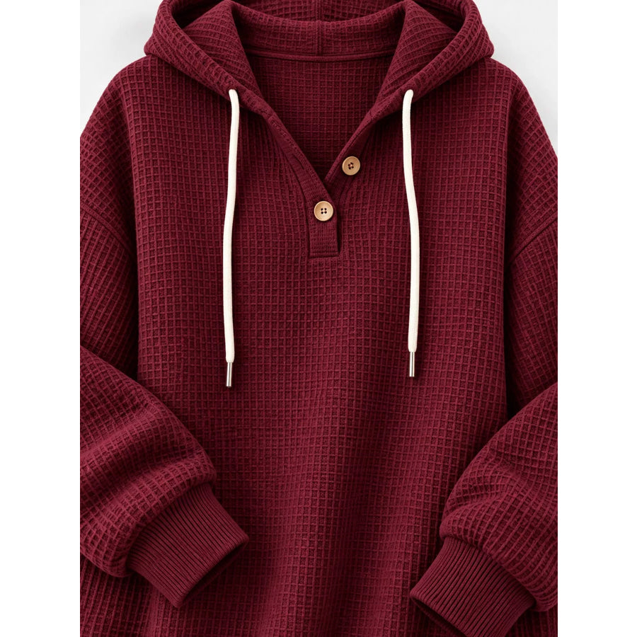 Full Size Waffle Knit Button Detail Hoodie Plus Apparel and Accessories