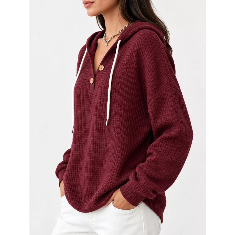 Full Size Waffle Knit Button Detail Hoodie Plus Apparel and Accessories