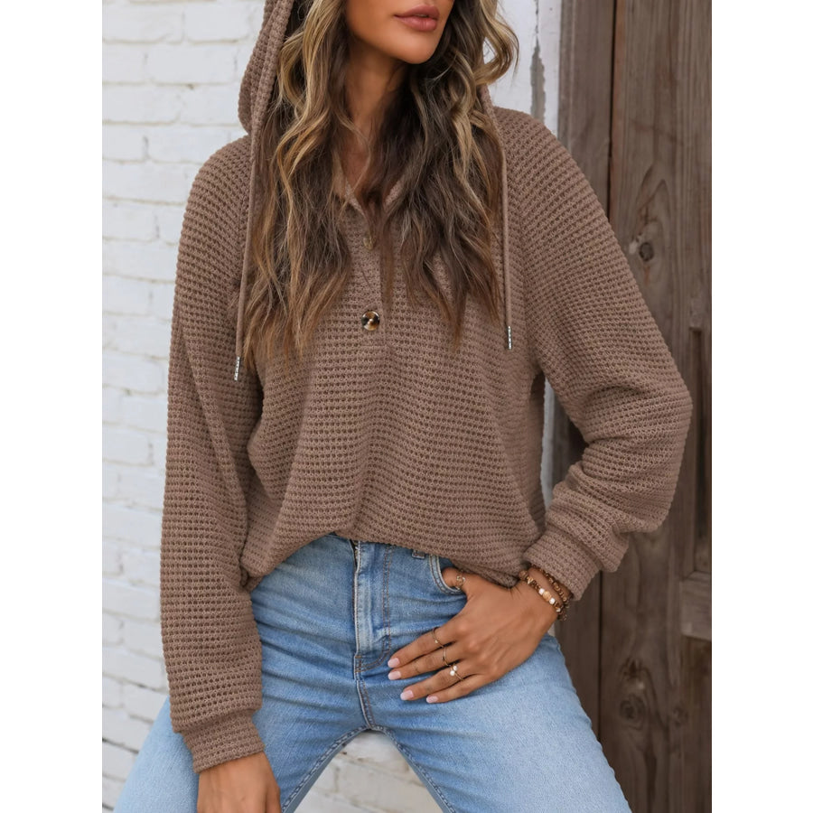 Full Size Waffle Knit Button Detail Hoodie Plus Apparel and Accessories