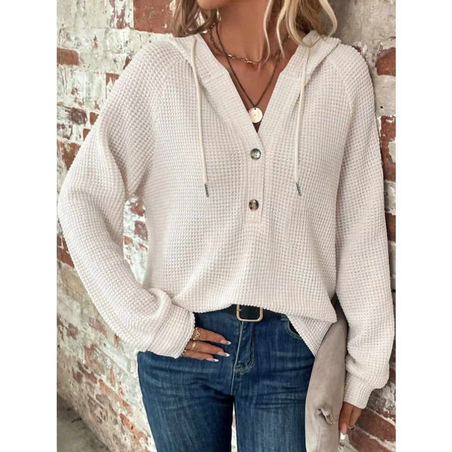 Full Size Waffle Knit Button Detail Hoodie Plus Apparel and Accessories