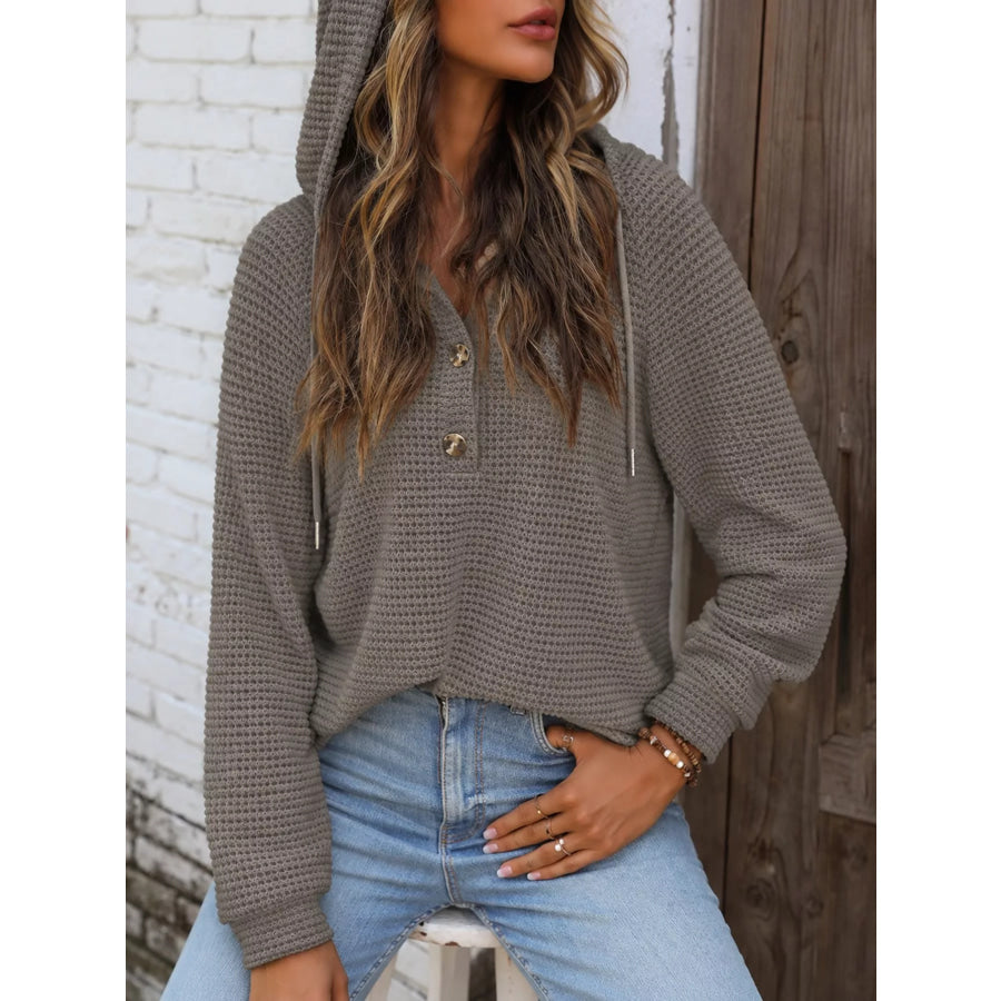 Full Size Waffle Knit Button Detail Hoodie Plus Apparel and Accessories