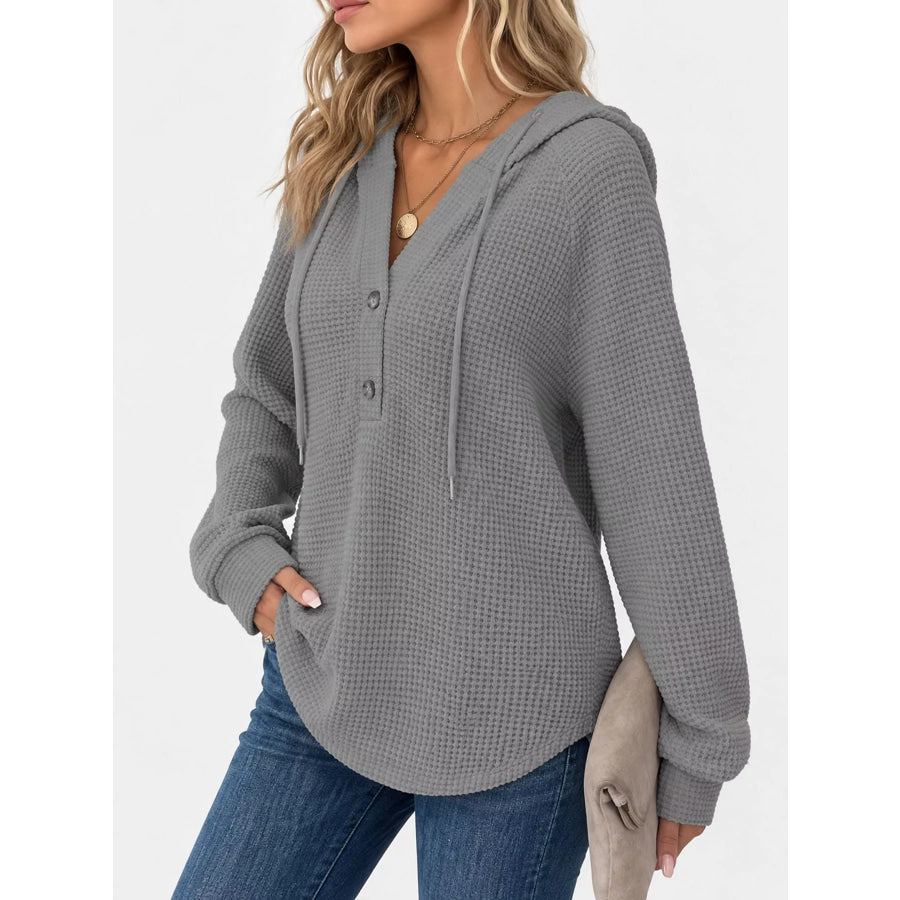 Full Size Waffle Knit Button Detail Hoodie Plus Apparel and Accessories