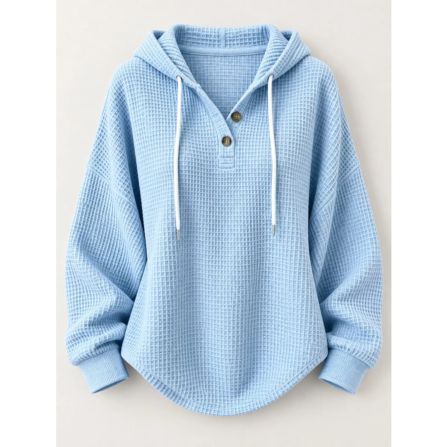Full Size Waffle Knit Button Detail Hoodie Plus Apparel and Accessories