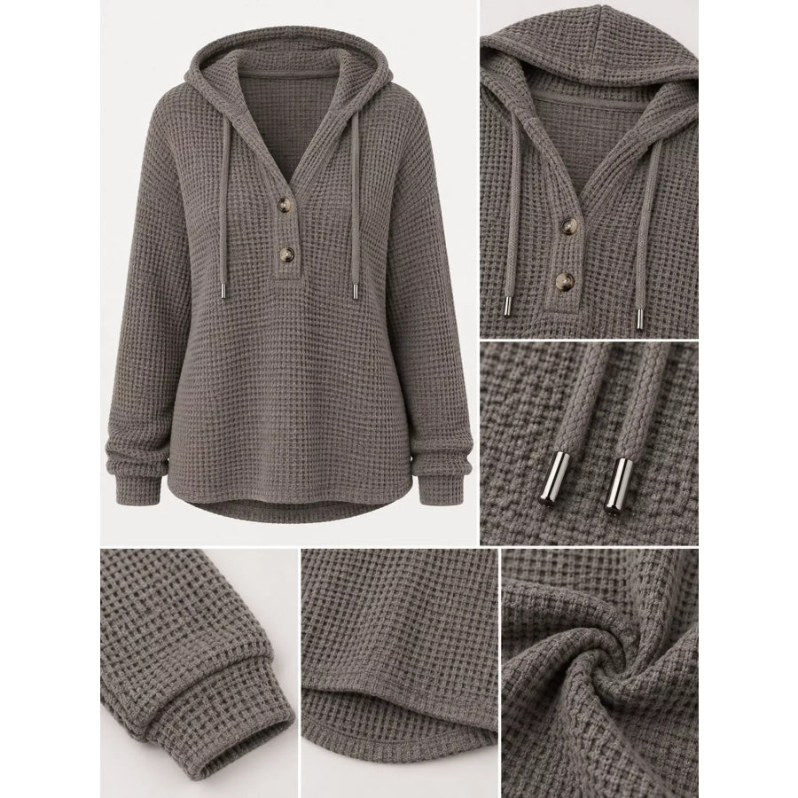 Full Size Waffle Knit Button Detail Hoodie Plus Apparel and Accessories