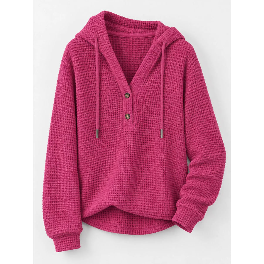 Full Size Waffle Knit Button Detail Hoodie Plus Apparel and Accessories