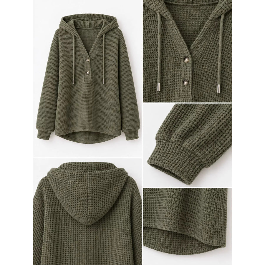 Full Size Waffle Knit Button Detail Hoodie Plus Apparel and Accessories