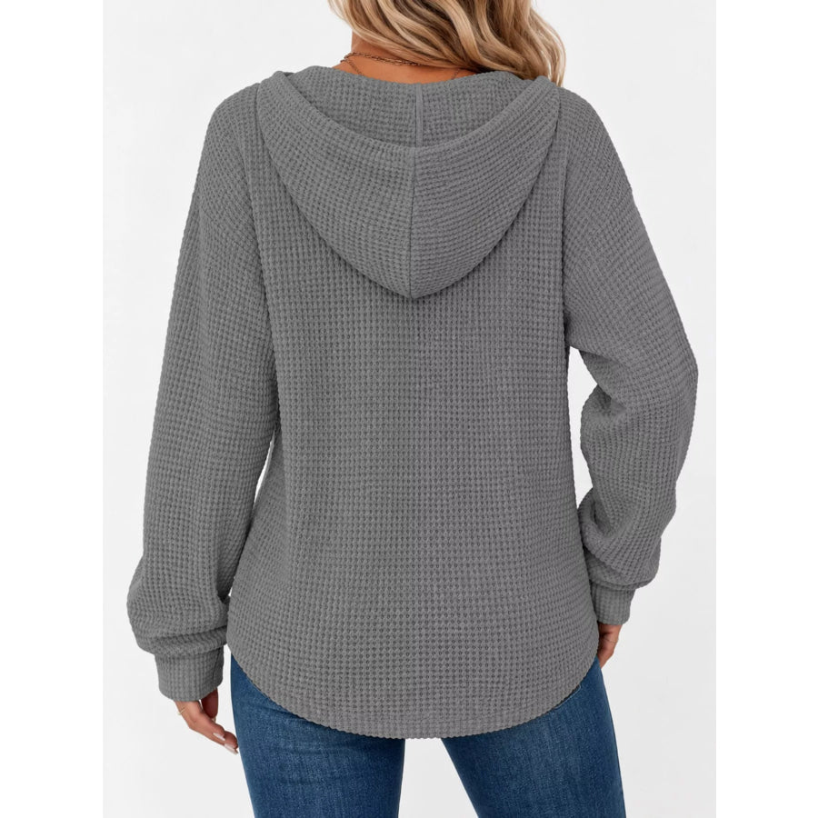 Full Size Waffle Knit Button Detail Hoodie Plus Apparel and Accessories