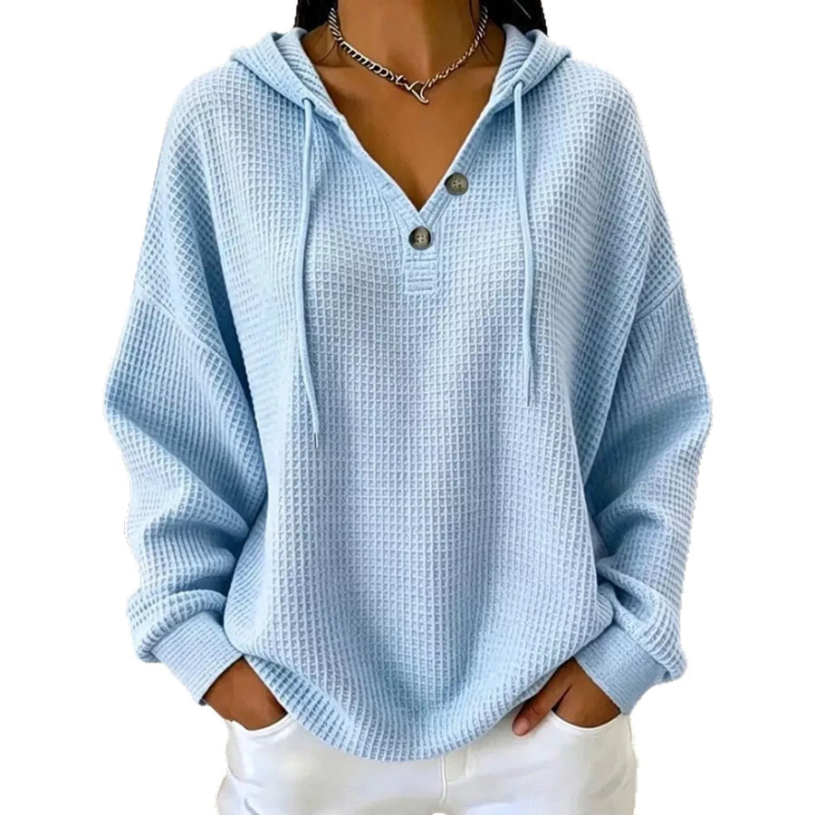 Full Size Waffle Knit Button Detail Hoodie Plus Apparel and Accessories