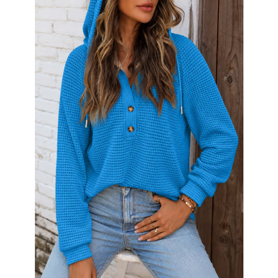Full Size Waffle Knit Button Detail Hoodie Plus Apparel and Accessories