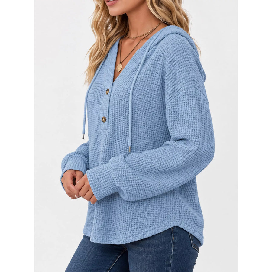 Full Size Waffle Knit Button Detail Hoodie Plus Apparel and Accessories