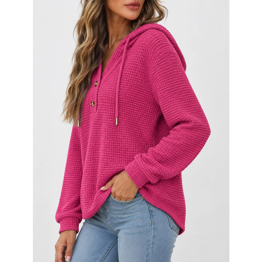 Full Size Waffle Knit Button Detail Hoodie Plus Apparel and Accessories