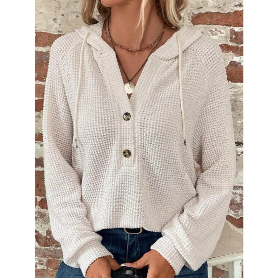 Full Size Waffle Knit Button Detail Hoodie Plus Apparel and Accessories
