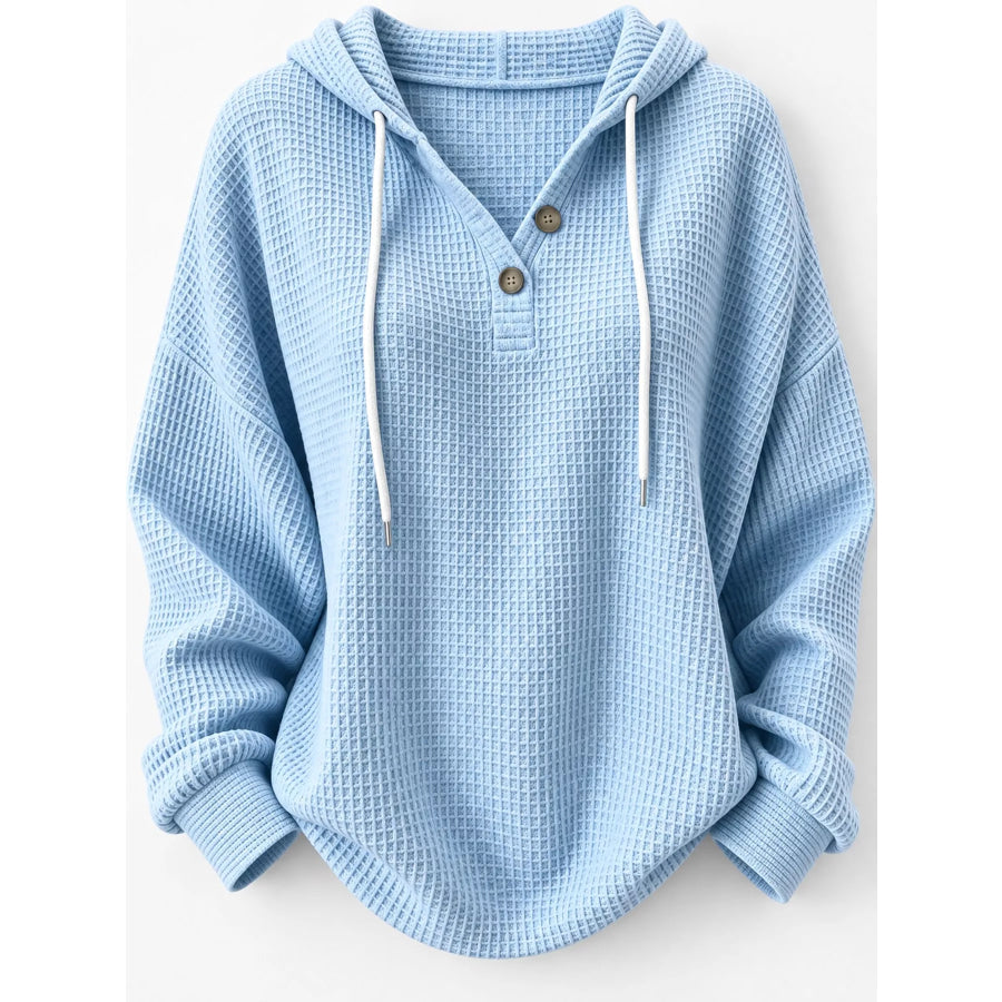 Full Size Waffle Knit Button Detail Hoodie Plus Apparel and Accessories