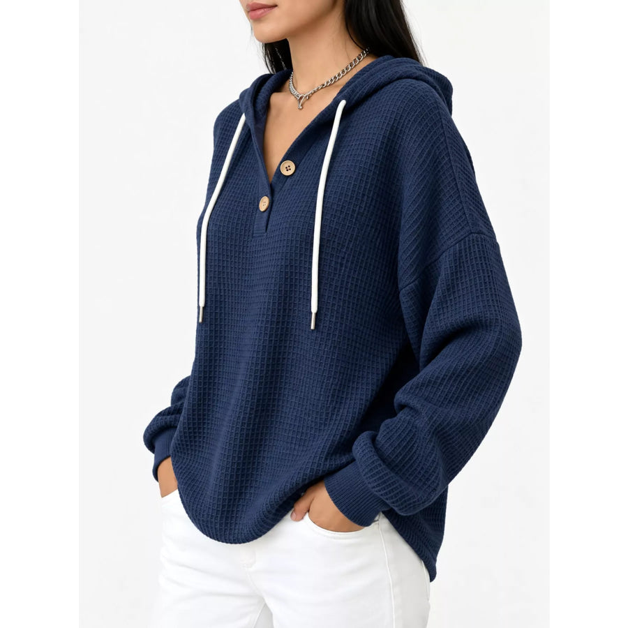 Full Size Waffle Knit Button Detail Hoodie Plus Apparel and Accessories